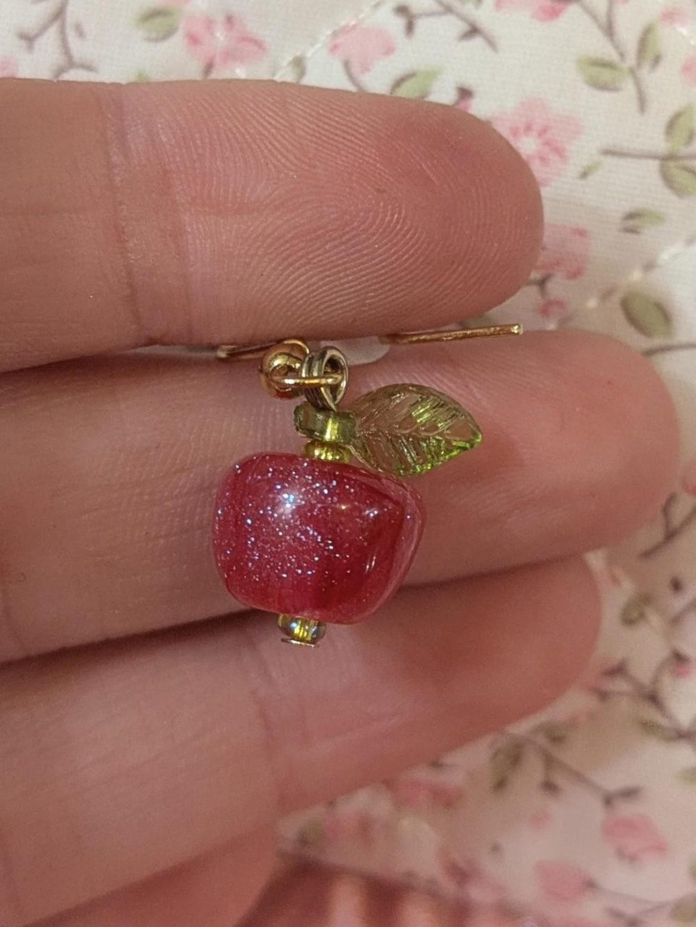 Sparkling Red Apple Dangle Earring with Green Leaf - Women's Jewelry